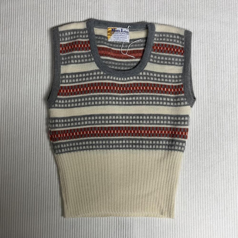 Vintage 80s Man-Lee Vest Unisex Kids 14 White Fair Isle Knit Pullover 70s